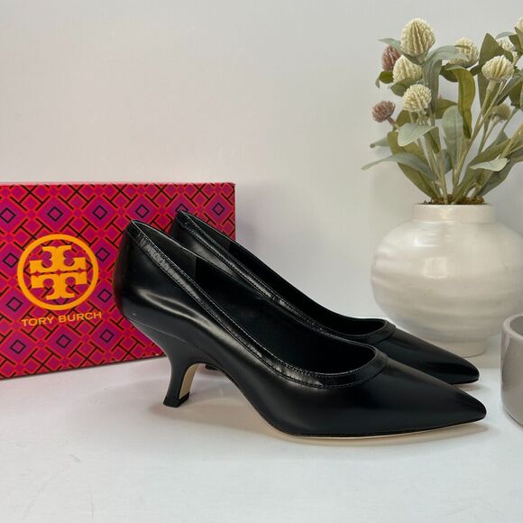 Tory Burch Leather Statement Heel Pumps Pointed Toe Black SN 141095 Women's 6M - Picture 1 of 10